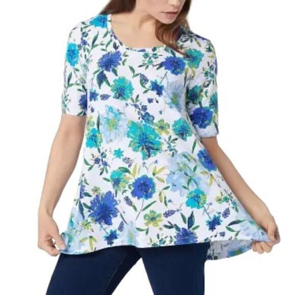 Isaac Mizrahi Floral Printed Cascade Hem Top - Picture 1 of 5